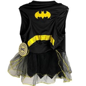 NWT Batman Dog Costume Tutu Dress Attached Cape Black Yellow Gold Metallic